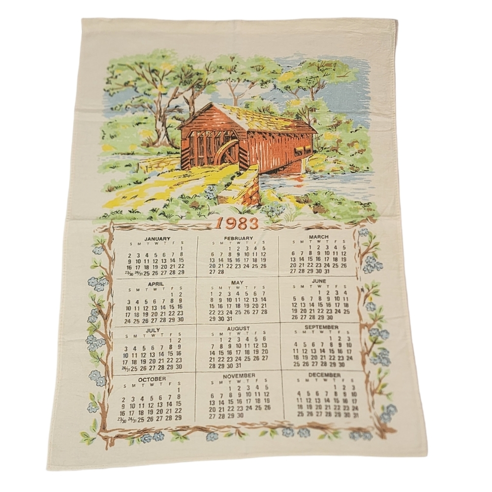 Vintage Bridge Scene Calendar Tea Towel 1983 Pre Owned Condition